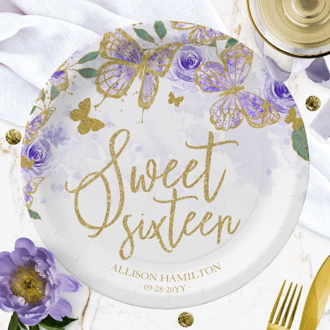 Sweet 16 Party Paper Plate Purple Butterfly Floral (Creator Uploaded)