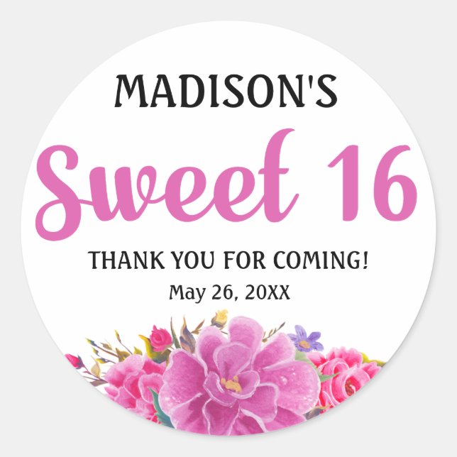 Sweet 16 Party Personalised Thank You Sticker (Front)