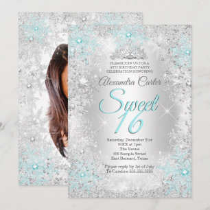 Sweet 16 Party Photo Silver Teal blue Snowflake Invitation