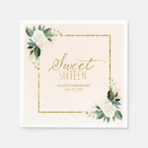 Sweet 16 Party Pink Gold Foil Floral Napkins