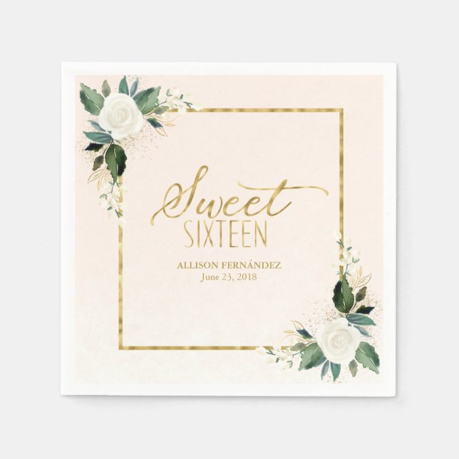 Sweet 16 Party Pink Gold Foil Floral Napkins (Front)