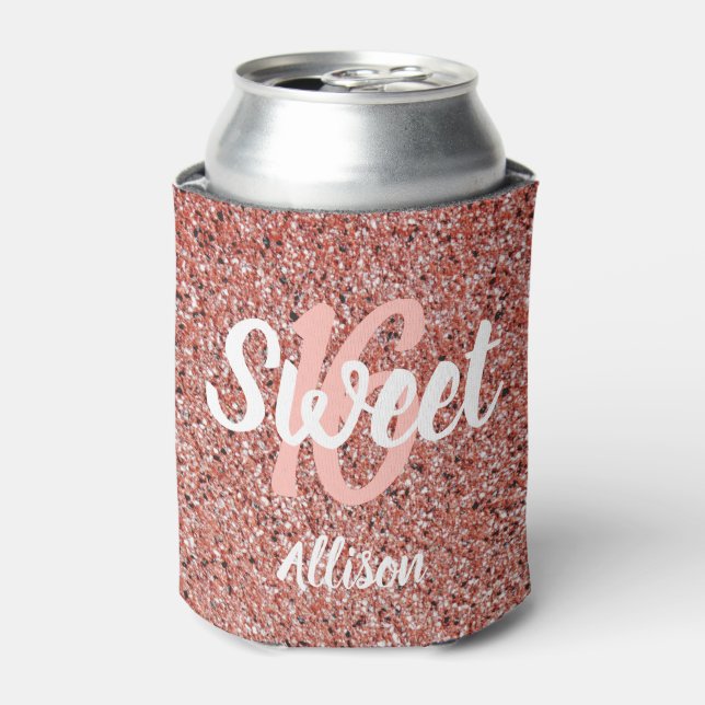 Sweet 16 Party Pink Rose Gold Glitter Personalised Can Cooler (Can Front)