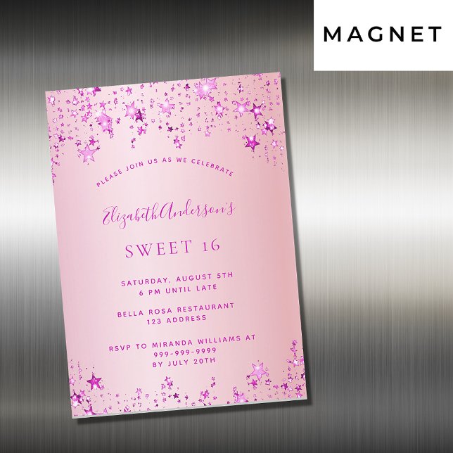 Sweet 16 party pink stars magnet invitation (Creator Uploaded)