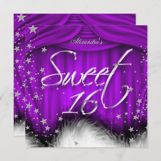 Sweet 16 Party Purple Feathers 16th Birthday Invitation (Front/Back)