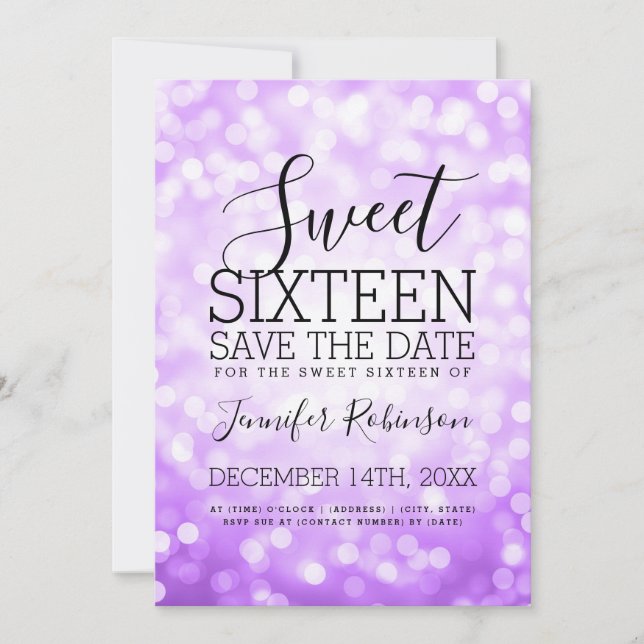 Sweet 16 Party Purple Glitter Lights Save The Date (Front)