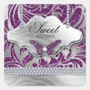 Sweet 16 Party Purple Jewellery Butterfly Square Sticker