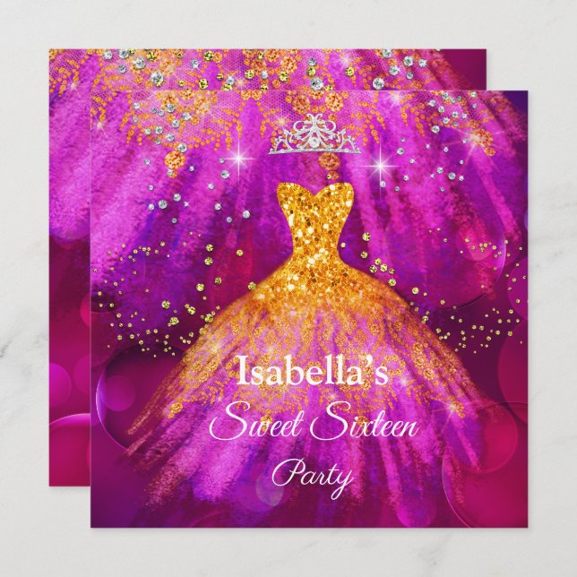 Sweet 16 Party Purple pink gold sparkle dress Invitation (Front/Back)