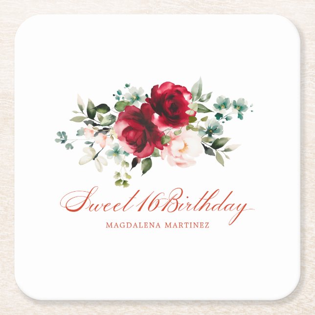 Sweet 16 Party Red Pink Floral Custom Square Paper Coaster (Front)