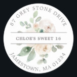 SWEET 16 PARTY Return Address Label<br><div class="desc">Add a special touch to your Sweet 16 birthday party invitation envelopes with this elegant round design. It features a bouquet of ivory white roses in the centre. Sage green leaves give it a rustic botanical vibe. Sweet 16 is written across the centre on a white strip. Your address is...</div>