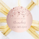 Sweet 16 party rose gold shiny stars glittery classic round sticker<br><div class="desc">A sticker, favour tag for a girly Sweet 16, 16th birthday party. A faux rose gold metallic looking background with an elegant rose gold, copper coloured dripping shining stars. Template for name and a date. The name is written in dark rose gold with a large modern hand lettered style script....</div>