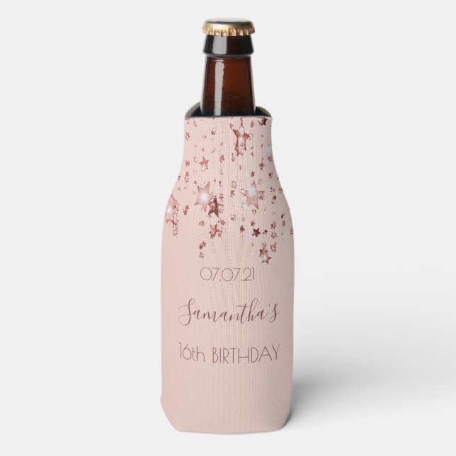 Sweet 16 party rose gold stars glittery name bottle cooler (Bottle Front)