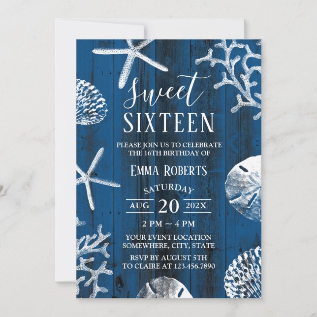 Sweet 16 Party Rustic Navy Blue Beach Starfish Invitation (Front)