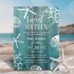 Sweet 16 Party Rustic Teal Beach Starfish Invitation