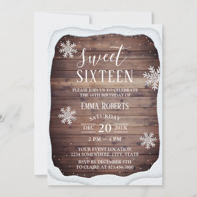 Sweet 16 Party Rustic Winter Snow Frame Snowflakes Invitation (Front)