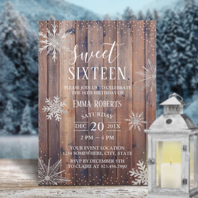 Sweet 16 Party Rustic Winter Snowflakes Barn Wood Invitation (Creator Uploaded)