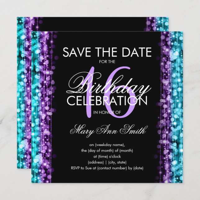 Sweet 16 Party Save The Date Sparkles Purple Teal Invitation (Front/Back)