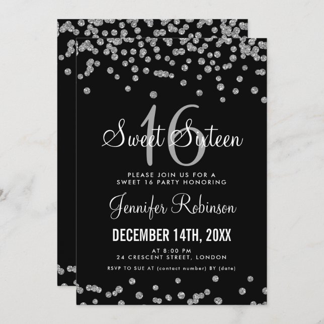 Sweet 16 Party Silver & Black Glitter Confetti Invitation (Front/Back)