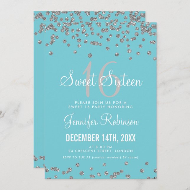 Sweet 16 Party Silver & Blue Glitter Confetti Invitation (Front/Back)