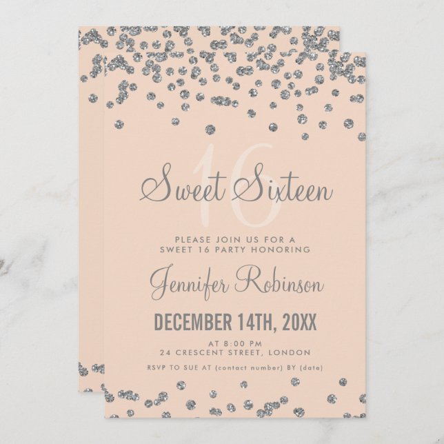 Sweet 16 Party Silver & Blush Glitter Confetti Invitation (Front/Back)