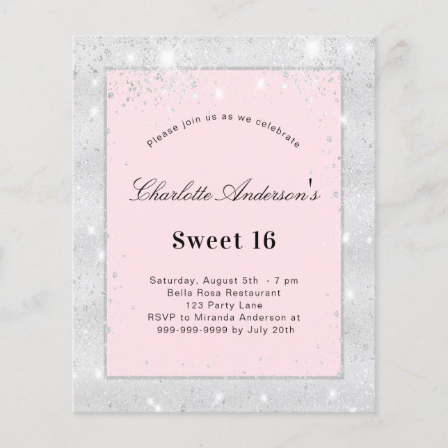 Sweet 16 party silver blush pink budget invitation (Front)