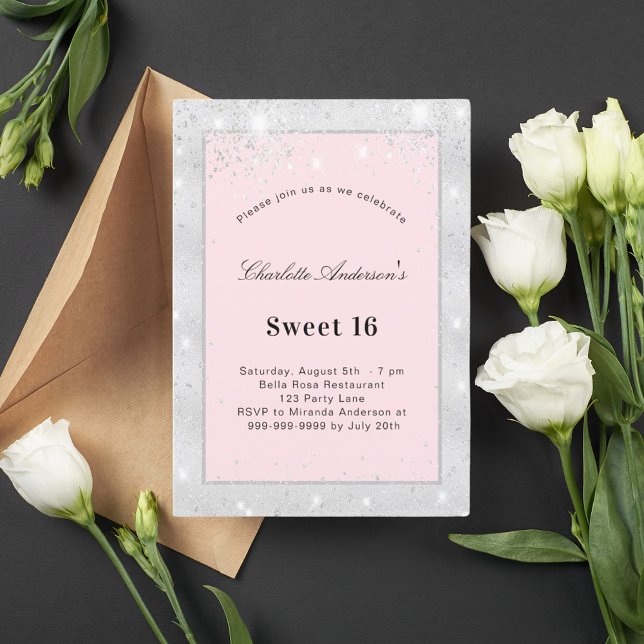 Sweet 16 party silver blush pink glitter invitation (Creator Uploaded)