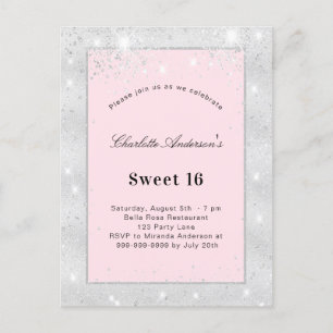 Sweet 16 party silver blush pink glitter invitation postcard
