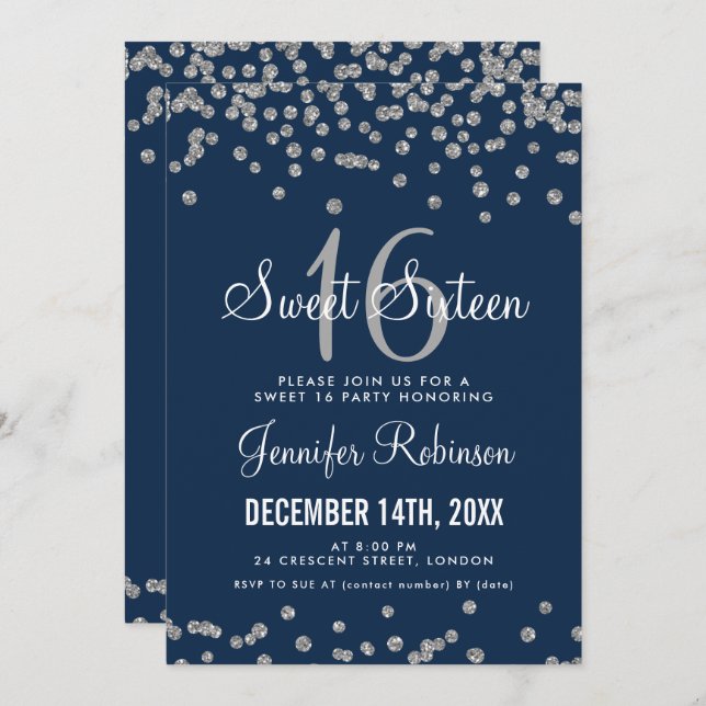 Sweet 16 Party Silver & Navy Glitter Confetti Invitation (Front/Back)