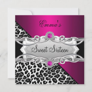 Sweet 16 Party Silver Pink Black White Leopard Invitation