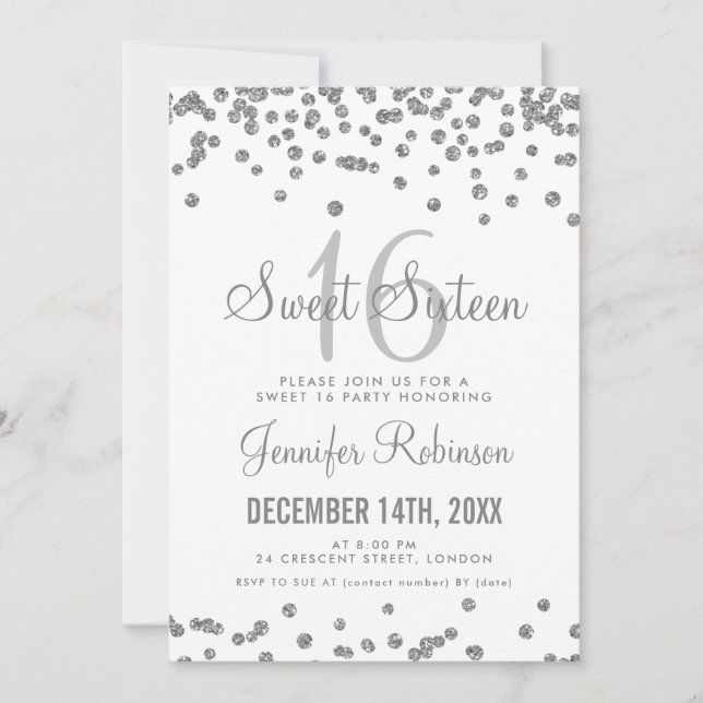 Sweet 16 Party Silver & White Glitter Confetti Invitation (Front)