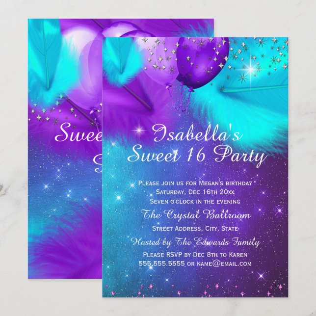 Sweet 16 Party Teal Purple Silver Balloons Invitation (Front/Back)