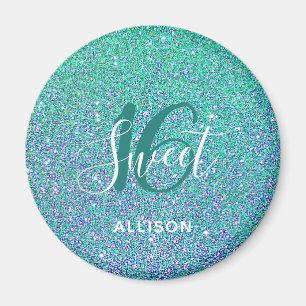 Sweet 16 Party Turquoise Blue Glitter Personalised Magnet