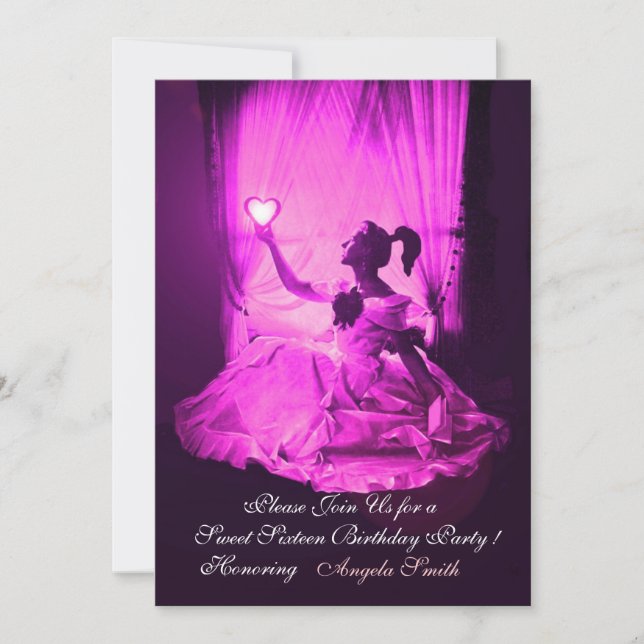 SWEET 16  PARTY,VIOLET FUCHSIA  BLACK DAMASK INVITATION (Front)