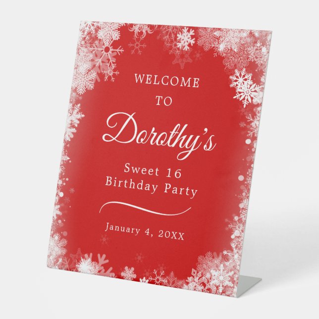 Sweet 16 Party Winter Snowflake Red Welcome Pedestal Sign (Front)