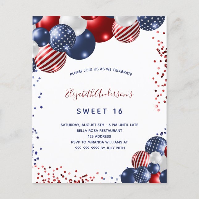 Sweet 16 patriotic budget party invitation flyer (Front)