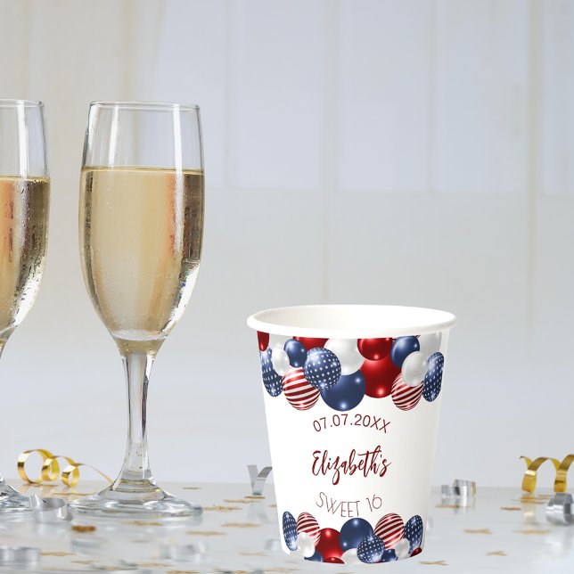 Sweet 16 patriotic USA red white blue flag Paper Cups (Creator Uploaded)