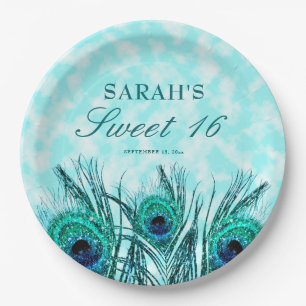 Sweet 16 Peacock Feathers Blue Teal Glitter  Paper Plate
