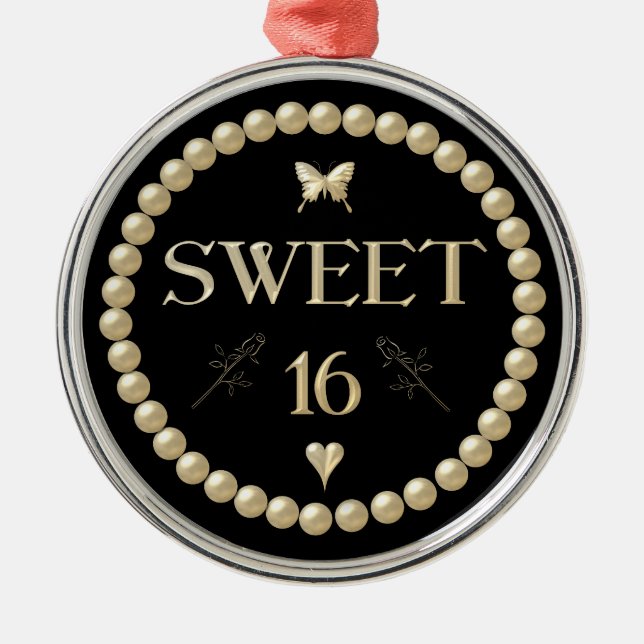 Sweet 16 - Pearls on black "velvet" Metal Ornament (Front)