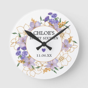 Sweet 16 Personalised Gift Purple Gold Floral Round Clock