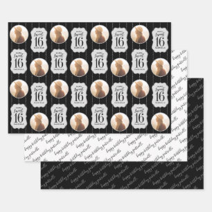 Sweet 16 Personalised Photo and Name Black White Wrapping Paper Sheet