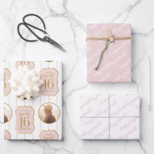 Sweet 16 Personalised Photo and Name Pink Wrapping Paper Sheet