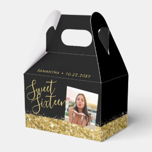 Sweet 16 Personalised Photo Black Gold Favour Box