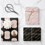 Sweet 16 Personalised Photo Name Pink Black Wrapping Paper Sheet<br><div class="desc">Create a set of gift wrapping paper sheets for the Sweet 16 birthday girl by adding her photo inside the circles on this unique 16th birthday gift wrap design template in rose gold pink typography inside an elegant bracket shape that reads "Happy Sweet 16" with their name printed below in...</div>