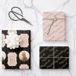 Sweet 16 Personalised Photo Name Pink Black Wrapping Paper Sheet