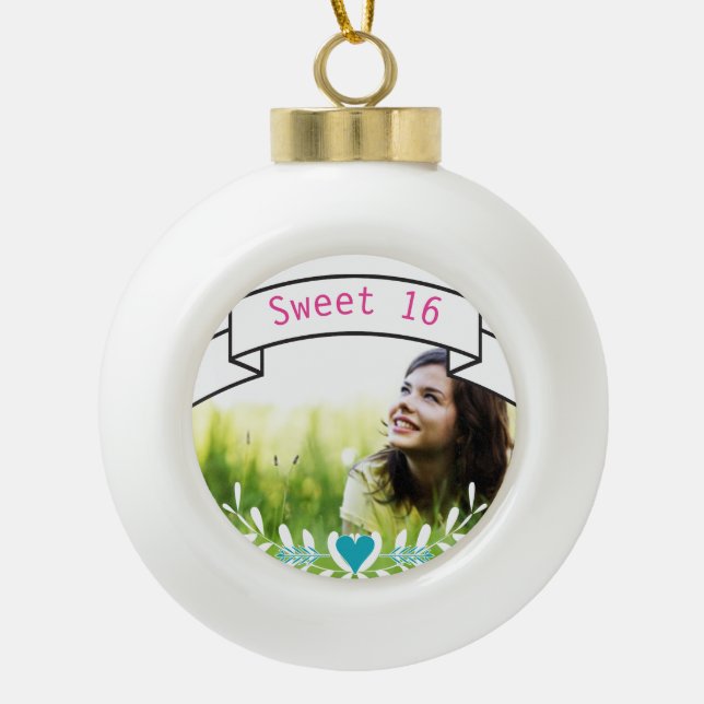 Sweet 16 Personalised Photo Typography Banner Ceramic Ball Christmas Ornament (Front)