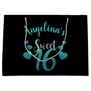 Sweet 16 Personalised Turquoise Glitter Script Large Gift Bag