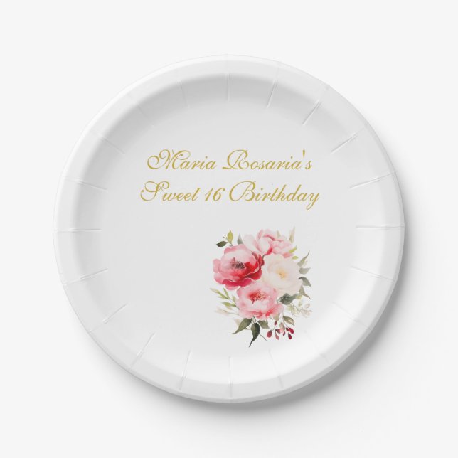 Sweet 16 Personalized Floral Tableware Paper Plate (Front)