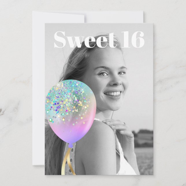 *~* Sweet 16 PHOTO Balloon Rainbow AP29 Birthday Invitation (Front)