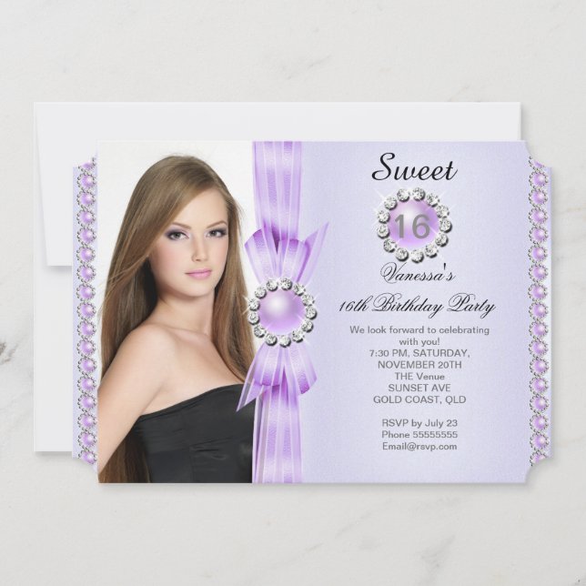 Sweet 16 Photo Birthday Party Soft Purple Gems Invitation (Front)