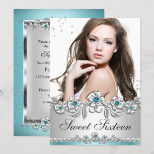 Sweet 16 Photo Blue Silver Diamond Jewel Party Invitation