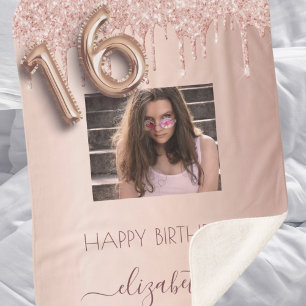 Sweet 16 photo blush pink rose gold glitter sherpa blanket